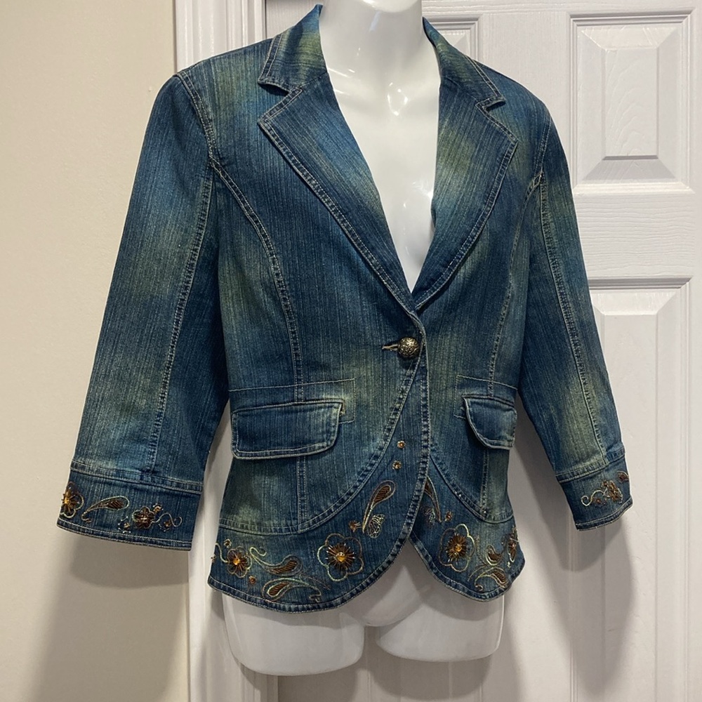 NWOT - Minkas Ladies Dark Wash Blue Embroidered Decorative Denim Jacket - Sz XL